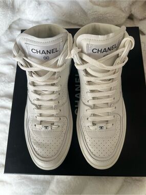 CHANEL White High-Top Leather Sneakers